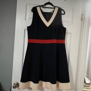 Navy, orange & cream fit and flare dress from stitch fix